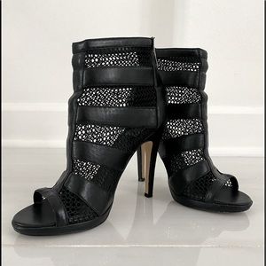 Stiletto bootie, open toe, black leather and mesh